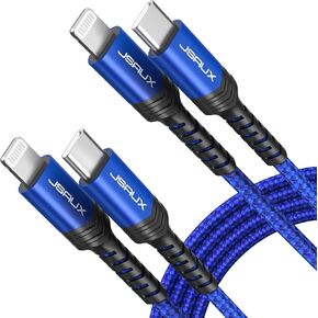 كابل JSAUX USB C إلى Lightning [عبوة من قطعتين بطول 6 أقدام]، [معتمد من Apple MFi] كابل شاحن iPhone 13 متوافق مع iPhone 14/13 Pro/13 Pro Max/12 Pro/11 Pro Max/X/XS/XR/8، iPad 9th 2021، إيربودز برو-أزرق