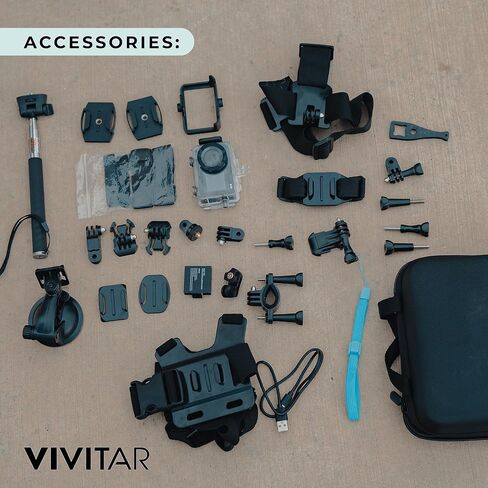 مجموعة كاميرا Vivitar EIS 4K 30FPS بدقة 12 ميجابكسل، كاميرا جسم مقاومة للماء 30 مترًا، حافظة مقاومة للماء، بث واي فاي للهاتف، مع خوذة وحامل دراجة، بطاقة ذاكرة 32 جيجابايت in Saudi Arabia