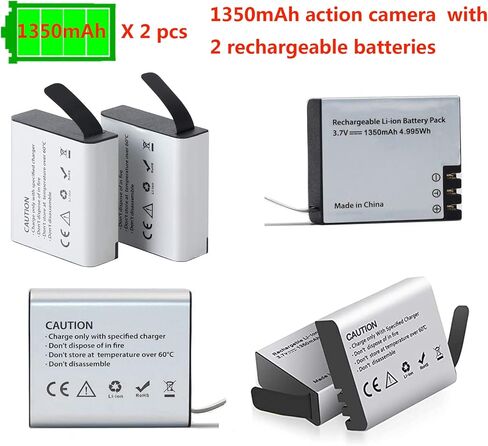 بطارية كاميرا Xilecam Action، بطارية 3.7 فولت 2 × 1350 مللي أمبير في الساعة مع مجموعة شاحن بطارية مزدوجة متوافقة مع معظم الكاميرات المقاومة للماء في السوق (البطارية) in Kuwait