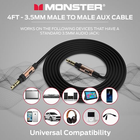 Monster Gen1 Essentials Mini-to-Mini Interconnect Audio Cable 3.5mm Male to Male, 5FT Aux Cord w/Duraflex Jacket, Premium Gold Plated Connectors, Cable for Car, Home, Stereo in Saudi Arabia