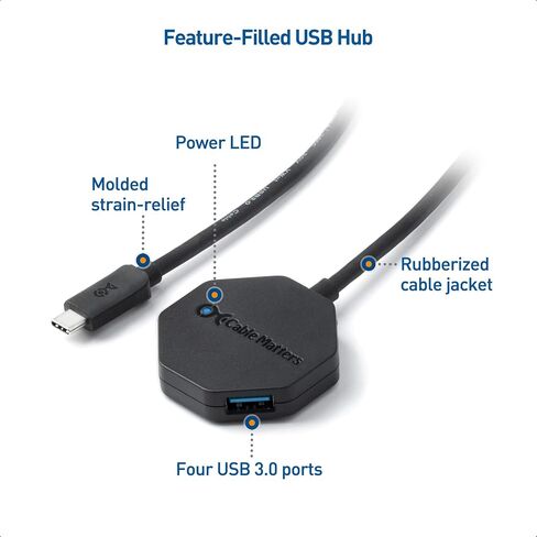 Cable Matters Ultra Mini 4 Port USB C Hub with Long 4 ft Extension Cable Tail (USB C to USB Hub, USB C Hub Long Cord, USB Type C Hub) in Black - Thunderbolt 4 / USB4 / Thunderbolt 3 Port Compatible in Saudi Arabia