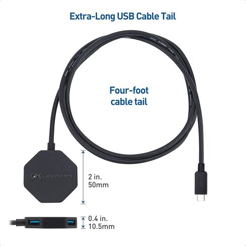 Cable Matters Ultra Mini 4 Port USB C Hub with Long 4 ft Extension Cable Tail (USB C to USB Hub, USB C Hub Long Cord, USB Type C Hub) in Black - Thunderbolt 4 / USB4 / Thunderbolt 3 Port Compatible in Saudi Arabia