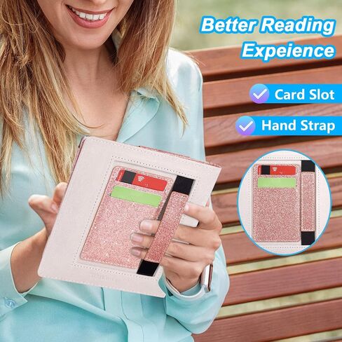 DMLuna Kindle Oasis Case, Fits 10th Generation 2019 and 9th Generation 2017, 7″, Premium Protective Durable Lightweight PU Leather Cover with Auto Sleep Wake, Card Slot, Hand Strap, Glitter Rose Gold in Kuwait