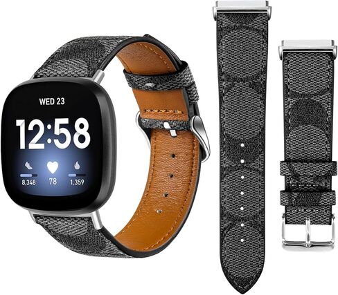 أربطة جلدية متوافقة مع Fitbit Versa 4/Versa 3/Sense 2/Sense للنساء والرجال، حزام بديل جلدي مصمم (أسود) in Kuwait