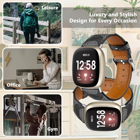 أربطة جلدية متوافقة مع Fitbit Versa 4/Versa 3/Sense 2/Sense للنساء والرجال، حزام بديل جلدي مصمم (أسود) in Kuwait