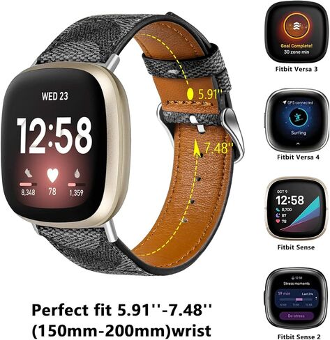أربطة جلدية متوافقة مع Fitbit Versa 4/Versa 3/Sense 2/Sense للنساء والرجال، حزام بديل جلدي مصمم (أسود) in Kuwait