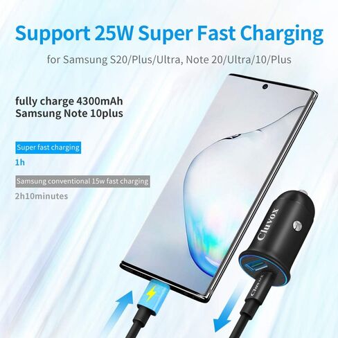 Cluvox USB C Fast Car Charger, 25W PD&QC 3.0 Dual Port Compatible for iPhone 15 Pro Max/Samsung Galaxy S23/S22/S21/S20/Plus/Ultra/Note 20/10 Mini All Metal Flush Fit Car Adapter with 3.3ft Type C Cord in Kuwait