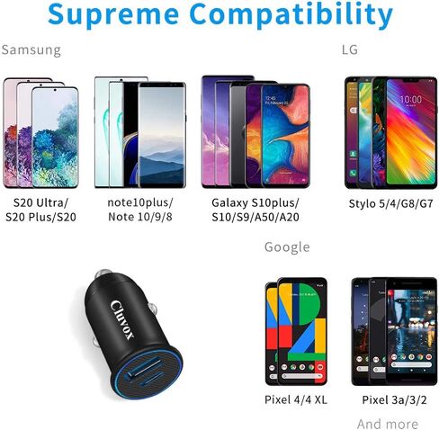 Cluvox USB C Fast Car Charger, 25W PD&QC 3.0 Dual Port Compatible for iPhone 15 Pro Max/Samsung Galaxy S23/S22/S21/S20/Plus/Ultra/Note 20/10 Mini All Metal Flush Fit Car Adapter with 3.3ft Type C Cord in Kuwait