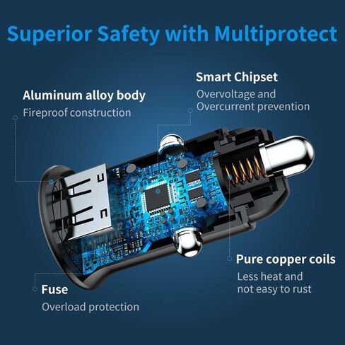 Cluvox USB C Fast Car Charger, 25W PD&QC 3.0 Dual Port Compatible for iPhone 15 Pro Max/Samsung Galaxy S23/S22/S21/S20/Plus/Ultra/Note 20/10 Mini All Metal Flush Fit Car Adapter with 3.3ft Type C Cord in Kuwait