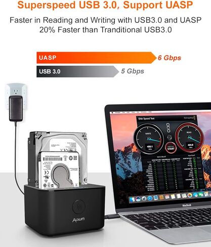 الكسوم قاعدة شحن القرص الصلب USB C وUSB A، بمنفذين USB 3.0 الى ساتا مع وظيفة استنساخ بدون اتصال لهارد ديسك SSD مقاس 2.5 انش و3.5 انش، مزودة بكبلين USB A وUSB C in Kuwait