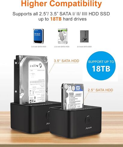 الكسوم قاعدة شحن القرص الصلب USB C وUSB A، بمنفذين USB 3.0 الى ساتا مع وظيفة استنساخ بدون اتصال لهارد ديسك SSD مقاس 2.5 انش و3.5 انش، مزودة بكبلين USB A وUSB C in Kuwait