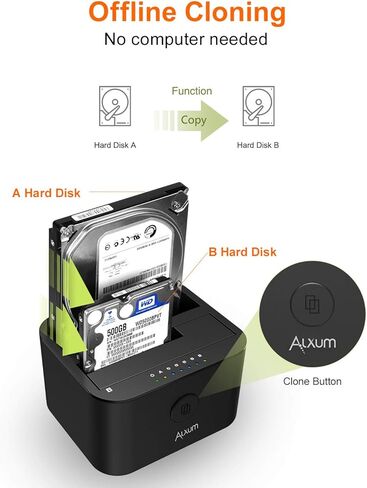 الكسوم قاعدة شحن القرص الصلب USB C وUSB A، بمنفذين USB 3.0 الى ساتا مع وظيفة استنساخ بدون اتصال لهارد ديسك SSD مقاس 2.5 انش و3.5 انش، مزودة بكبلين USB A وUSB C in Kuwait