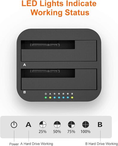الكسوم قاعدة شحن القرص الصلب USB C وUSB A، بمنفذين USB 3.0 الى ساتا مع وظيفة استنساخ بدون اتصال لهارد ديسك SSD مقاس 2.5 انش و3.5 انش، مزودة بكبلين USB A وUSB C in Kuwait