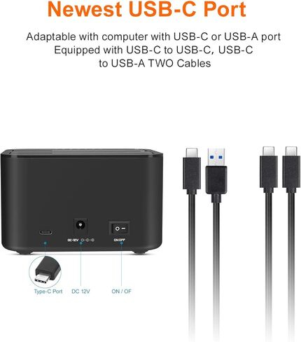 الكسوم قاعدة شحن القرص الصلب USB C وUSB A، بمنفذين USB 3.0 الى ساتا مع وظيفة استنساخ بدون اتصال لهارد ديسك SSD مقاس 2.5 انش و3.5 انش، مزودة بكبلين USB A وUSB C in Kuwait