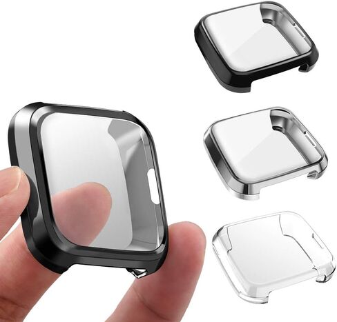 3 عبوات من واقي الشاشة المتوافق مع إصدار Fitbit Versa Lite، جراب GHIJKL فائق النحافة الناعم بغطاء كامل لهاتف Fitbit Versa Lite Edition، شفاف كريستالي، أسود، فضي in Kuwait