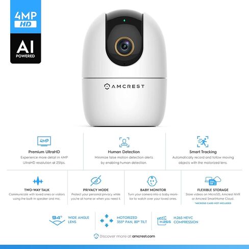 Amcrest 4MP WiFi Camera Indoor Camera, Sound & Baby Monitor, Human & Pet Detection, Motion-Tracking, w/ 2-Way Audio, Phone App, Pan/Tilt Wireless IP, Night Vision, Smart Home ASH41-W in Saudi Arabia