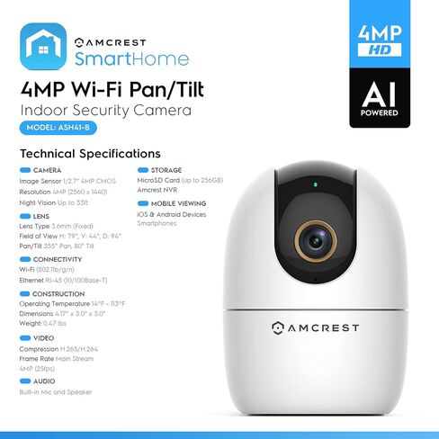 Amcrest 4MP WiFi Camera Indoor Camera, Sound & Baby Monitor, Human & Pet Detection, Motion-Tracking, w/ 2-Way Audio, Phone App, Pan/Tilt Wireless IP, Night Vision, Smart Home ASH41-W in Saudi Arabia