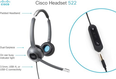 CISCO Headset 522, Wired Dual On-Ear 3.5mm Headset with USB-C Adapter, Charcoal, 2-Year Limited Liability Warranty (CP-HS-W-522-USBC) in Saudi Arabia