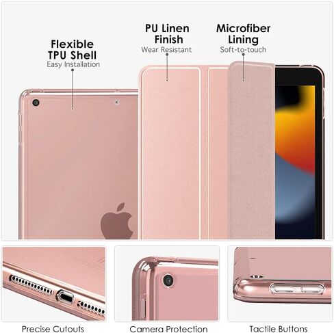 حافظة MoKo تناسب iPad الجديد الجيل التاسع/الثامن/السابع مقاس 10.2 بوصة (2021/2020/2019)، غطاء حامل ذكي خفيف الوزن مع واقي خلفي شفاف من مادة TPU، مع خاصية التنبيه/السكون التلقائي، ذهبي وردي in Saudi Arabia