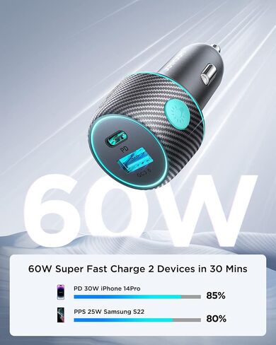 شاحن سيارة USB C بقدرة 60 واط، بمنفذين [PD30W+QC30W] محول ولاعة سجائر لشاحن هاتف السيارة فائق السرعة، مع كابل نايلون من النوع C بطول 3.3 قدم شحن سريع لأجهزة Samsung S23/S22، Google Pixel/Moto/Android، iPad Pro in Saudi Arabia