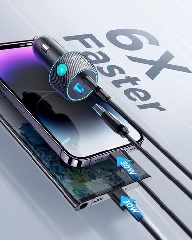 شاحن سيارة USB C بقدرة 60 واط، بمنفذين [PD30W+QC30W] محول ولاعة سجائر لشاحن هاتف السيارة فائق السرعة، مع كابل نايلون من النوع C بطول 3.3 قدم شحن سريع لأجهزة Samsung S23/S22، Google Pixel/Moto/Android، iPad Pro in Saudi Arabia