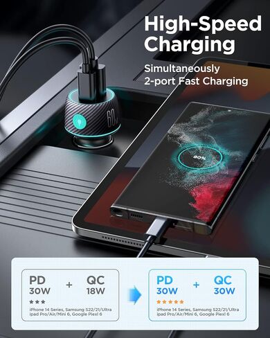 شاحن سيارة USB C بقدرة 60 واط، بمنفذين [PD30W+QC30W] محول ولاعة سجائر لشاحن هاتف السيارة فائق السرعة، مع كابل نايلون من النوع C بطول 3.3 قدم شحن سريع لأجهزة Samsung S23/S22، Google Pixel/Moto/Android، iPad Pro in Saudi Arabia
