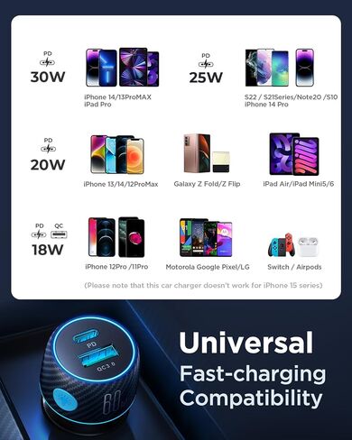 شاحن سيارة USB C بقدرة 60 واط، بمنفذين [PD30W+QC30W] محول ولاعة سجائر لشاحن هاتف السيارة فائق السرعة، مع كابل نايلون من النوع C بطول 3.3 قدم شحن سريع لأجهزة Samsung S23/S22، Google Pixel/Moto/Android، iPad Pro in Saudi Arabia