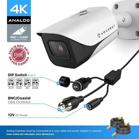 كاميرا أمان خارجية تناظرية 4K من Amcrest، رصاصة 4K (8 ميجابكسل) @15 إطارًا في الثانية، CCTV-Coax-BNC، رؤية ليلية 130 قدمًا، معدن IP67، زاوية 110 درجة، ميكروفون، أسود (ليست كاميرا IP) (يتطلب DVR، غير متضمن) (AMC4KBC28) -ب) in Kuwait