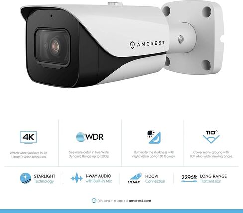 كاميرا أمان خارجية تناظرية 4K من Amcrest، رصاصة 4K (8 ميجابكسل) @15 إطارًا في الثانية، CCTV-Coax-BNC، رؤية ليلية 130 قدمًا، معدن IP67، زاوية 110 درجة، ميكروفون، أسود (ليست كاميرا IP) (يتطلب DVR، غير متضمن) (AMC4KBC28) -ب) in Kuwait
