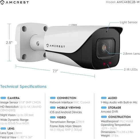 كاميرا أمان خارجية تناظرية 4K من Amcrest، رصاصة 4K (8 ميجابكسل) @15 إطارًا في الثانية، CCTV-Coax-BNC، رؤية ليلية 130 قدمًا، معدن IP67، زاوية 110 درجة، ميكروفون، أسود (ليست كاميرا IP) (يتطلب DVR، غير متضمن) (AMC4KBC28) -ب) in Kuwait
