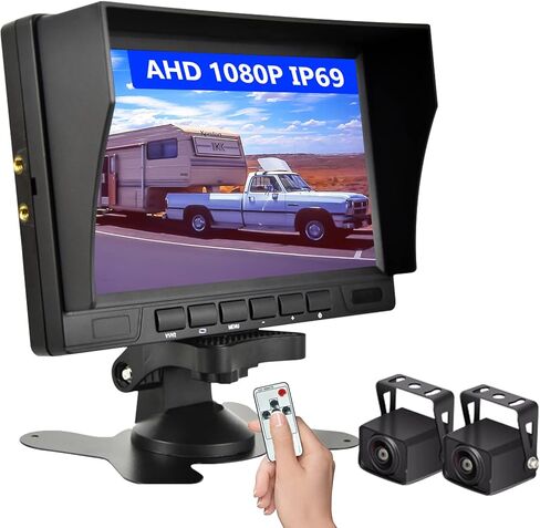 كاميرا احتياطية HD 1080P ار في مع شاشة سبليت دي في ار 7 انش للشاحنات والمقطورات وكاميرات الرؤية الخلفية والامامية، رؤية ليلية ملونة بالاشعة تحت الحمراء، مقاومة للماء IP68، اشارات ثابتة، سهلة التركيب in Kuwait