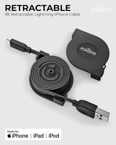 شاحن LIQUIPEL Powertek معتمد من MFi قابل للسحب متوافق مع Apple iPhone وiPad وكابل 3 أقدام وسلك كابل Lightning إلى USB وكابل Lightning للشحن السريع (وردي) in Kuwait