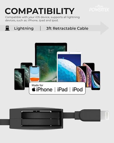 شاحن LIQUIPEL Powertek معتمد من MFi قابل للسحب متوافق مع Apple iPhone وiPad وكابل 3 أقدام وسلك كابل Lightning إلى USB وكابل Lightning للشحن السريع (وردي) in Kuwait