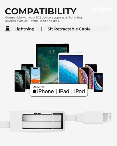 شاحن LIQUIPEL Powertek معتمد من MFi قابل للسحب متوافق مع Apple iPhone وiPad وكابل 3 أقدام وسلك كابل Lightning إلى USB وكابل Lightning للشحن السريع (وردي) in Kuwait