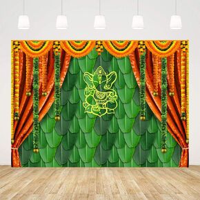 Ticuenicoa 7x5ft India Pooja Traditional Photography Backdrop Banana Leaf Green Chatiya Ganesh Background Puja Ganpati Pooja Mehndi backdrops Decorations Wedding Party Marigold Garlands Photo Props in Kuwait