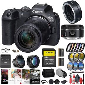 Canon EOS R7 Mirrorless Camera with 18-150mm Lens (5137C009) + Canon EF 50mm Lens (0570C002) + Canon Mount Adapter + 64GB Card + Filter Kit + Wide Angle Lens + Telephoto Lens + More (Renewed)