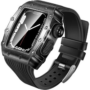 For Apple Watch 45mm 44mm Case Silicone Band with Glass Screen Protector Rugged Cover for iWatch Series 9 8 7 45mm SE2 6 5 4 SE 44mm Heavy Duty Metal Case Strap Men's Full Protective Cover (Red)
