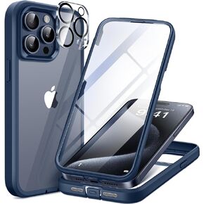 Compatible with iPhone 15 Pro Max Case, [Dustproof Design] Full-Body Rugged Shockproof Hard Phone Case with Built-in 9H Tempered Glass Screen and 2X Camera Lens Protector, Dark Blue in Saudi Arabia