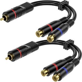 RCA Splitter, 2 Pack RCA Male to Dual RCA Female Y Splitter Cable Stereo to Mono Adapter, 8 Inches Gold Plated Audio Cable Cord RFAdapter for Subwoofer Speaker,RF0A0206A-CA