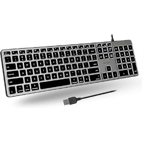 Macally Backlit Mac Keyboard Wired - Quiet, Sleek, and Functional - White LEDs, 3 Brightness Levels, 107 Keys, 16 Shortcuts - 5ft USB Wired Mac Keyboard - Backlit Wired Keyboard for Mac - Silver