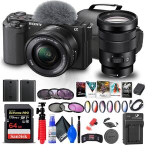 Sony ZV-E10 Mirrorless Camera with 16-50mm Lens (Black) (ILCZV-E10L/B) + Sony 18-105mm Lens + 64GB Card + Color Filter Kit + Filter Kit + Corel Photo Software + Bag + NPF-W50 Battery + More (Renewed)