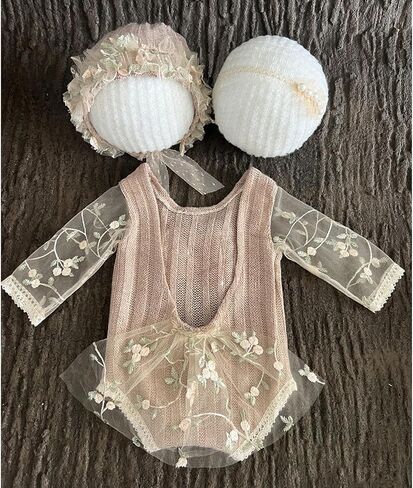 Zeroest Baby Girl Photography Props Lace Hats Outfits Set | Handmade Outfit +Bonnet/Hair Accessories for Newborn Girls Photoshoot, Infant Photo Shoot Prop Costume in Saudi Arabia