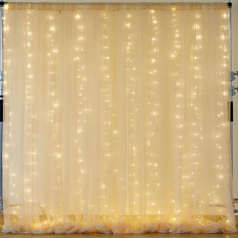 10×10ft Cream White Tulle Backdrop Curtain with Lights String for Parites, Sheer Photo Curtain Backdrop Drapes for Wedding Party Photography Backgrounds in Kuwait