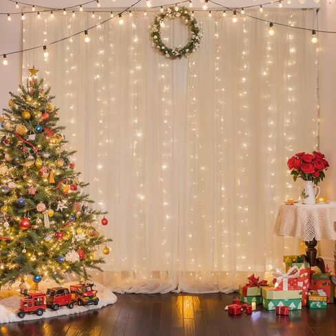 10×10ft Cream White Tulle Backdrop Curtain with Lights String for Parites, Sheer Photo Curtain Backdrop Drapes for Wedding Party Photography Backgrounds in Kuwait