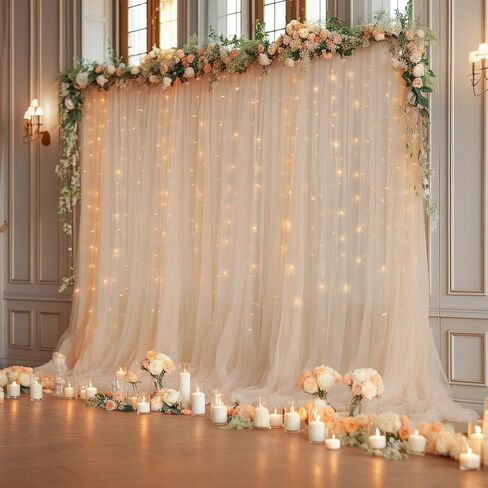 10×10ft Cream White Tulle Backdrop Curtain with Lights String for Parites, Sheer Photo Curtain Backdrop Drapes for Wedding Party Photography Backgrounds in Kuwait