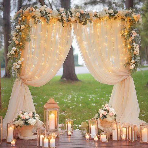 10×10ft Cream White Tulle Backdrop Curtain with Lights String for Parites, Sheer Photo Curtain Backdrop Drapes for Wedding Party Photography Backgrounds in Kuwait