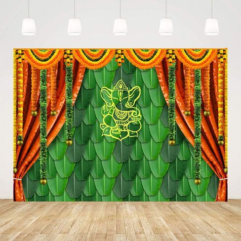 Ticuenicoa 7x5ft India Pooja Traditional Photography Backdrop Banana Leaf Green Chatiya Ganesh Background Puja Ganpati Pooja Mehndi backdrops Decorations Wedding Party Marigold Garlands Photo Props in Kuwait
