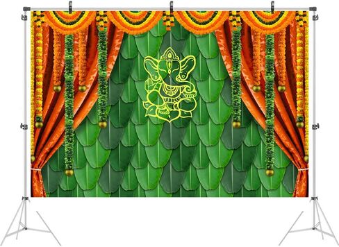 Ticuenicoa 7x5ft India Pooja Traditional Photography Backdrop Banana Leaf Green Chatiya Ganesh Background Puja Ganpati Pooja Mehndi backdrops Decorations Wedding Party Marigold Garlands Photo Props in Kuwait