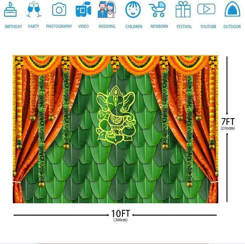 Ticuenicoa 7x5ft India Pooja Traditional Photography Backdrop Banana Leaf Green Chatiya Ganesh Background Puja Ganpati Pooja Mehndi backdrops Decorations Wedding Party Marigold Garlands Photo Props in Kuwait