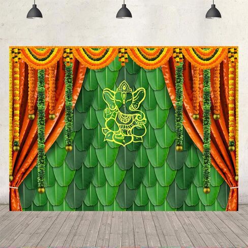 Ticuenicoa 7x5ft India Pooja Traditional Photography Backdrop Banana Leaf Green Chatiya Ganesh Background Puja Ganpati Pooja Mehndi backdrops Decorations Wedding Party Marigold Garlands Photo Props in Kuwait